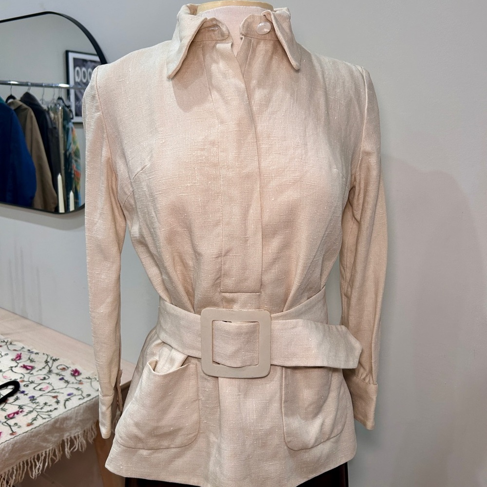 Vintage heavy cream linen belted top with shoulder pads.
